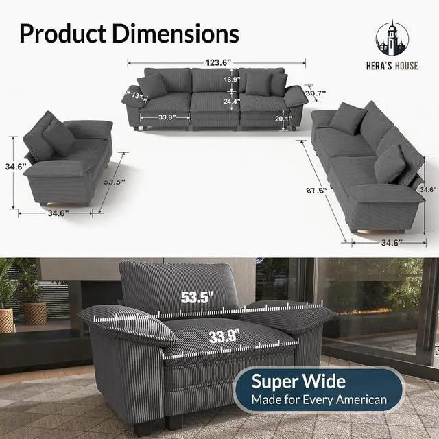 Alt view image 2 of 7 - HERA'S HOUSE Modular Sectional Sofa Set with Loveseat & Armchair 3 Piece | Modern 6-Seater Cloud Sofa Set , Grey, Wider Armrest, Comfy Deep Seat, Soft Corduroy Furniture Set for Living Room