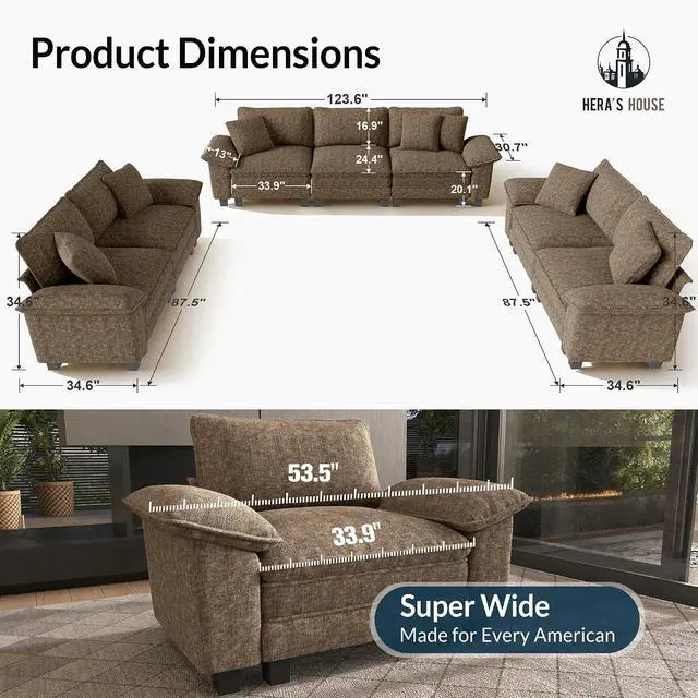 Alt view image 2 of 7 - HERA'S HOUSE 3 Pieces Modular Sectional Cloud Couch and Loveseat Sofa Set | Modern 7-Seater Sofa Set , Grayish Brown, Wider Armrest, Comfy Deep Seat, Soft Chenille Furniture Set for Living Room