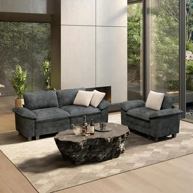 Main image of HERA'S HOUSE 2 Pieces Modular Loveseat Couch and Chair Set Setional Sofa | Modern 3-Seater Cloud Sofa Set , Cyan, Wider Armrest, Comfy Deep Seat, Soft Chenille Furniture Set for Living Room