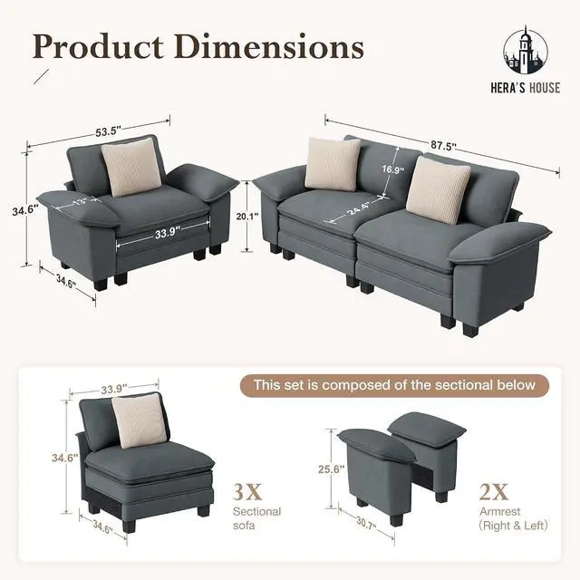 Alt view image 2 of 7 - HERA'S HOUSE 2 Pieces Modular Loveseat Couch and Chair Set Setional Sofa | Modern 3-Seater Cloud Sofa Set , Cyan, Wider Armrest, Comfy Deep Seat, Soft Chenille Furniture Set for Living Room