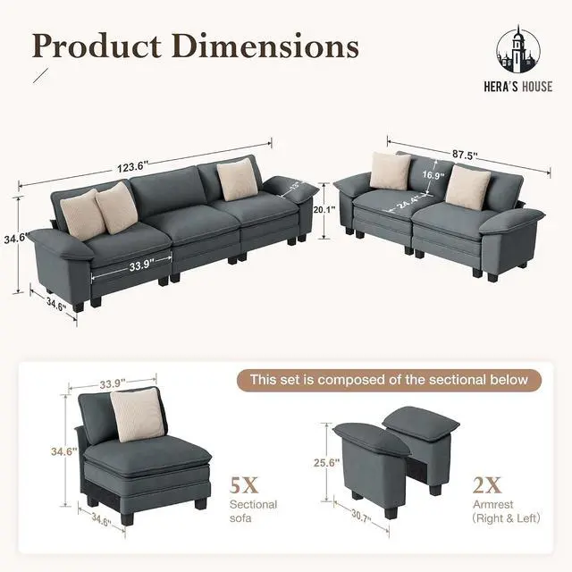 Alt view image 2 of 7 - HERA'S HOUSE 2 Pieces Modular Loveseat Couch & 3-Seat Sectional Sofa Set | Modern 5-Seater Cloud Sofa Set , Cyan, Wider Armrest, Comfy Deep Seat, Soft Chenille Furniture Set for Living Room