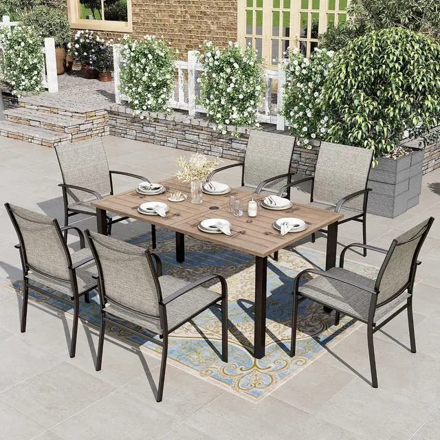 Alt view image 2 of 6 - HERA'S HOUSE Outdoor Dining Table for 6, Brown Metal Table w/Umbrella Hole | 60" rectangle wrought iron table. Slatted top design, weather resistant. Perfect for patio, deck, porch, backyard