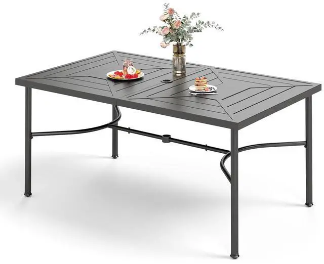 Main image of HERA'S HOUSE Patio Table for 6, 64" Metal Dining Table w/Umbrella Hole | Rectangle metal wrought iron table. Patterned top design, weather resistant. Perfect for outdoor deck, porch, backyard.