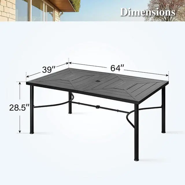 Alt view image 3 of 7 - HERA'S HOUSE Patio Table for 6, 64" Metal Dining Table w/Umbrella Hole | Rectangle metal wrought iron table. Patterned top design, weather resistant. Perfect for outdoor deck, porch, backyard.