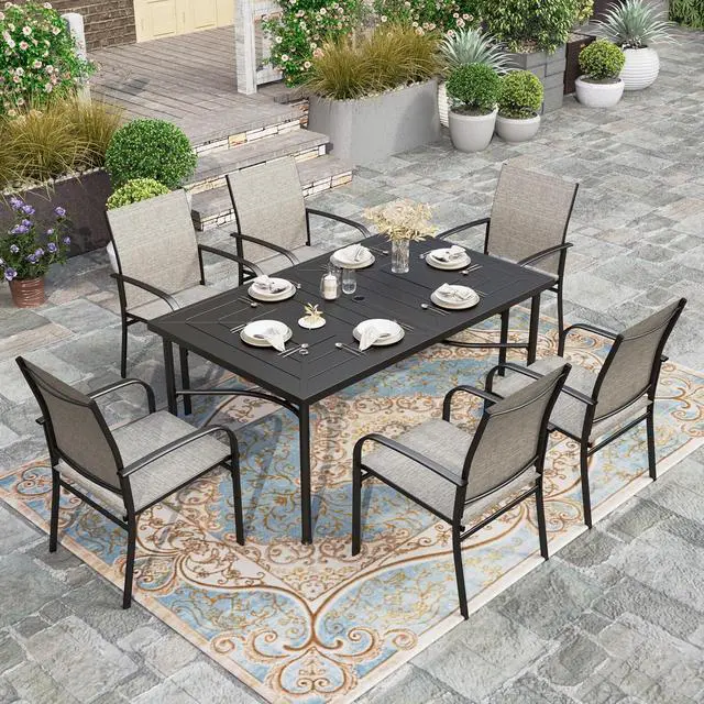 Alt view image 2 of 7 - HERA'S HOUSE Patio Table for 6, 64" Metal Dining Table w/Umbrella Hole | Rectangle metal wrought iron table. Patterned top design, weather resistant. Perfect for outdoor deck, porch, backyard.