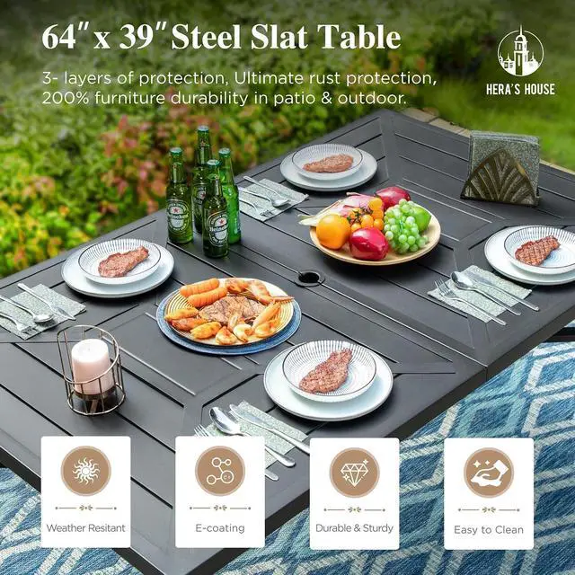 Alt view image 4 of 7 - HERA'S HOUSE Patio Table for 6, 64" Metal Dining Table w/Umbrella Hole | Rectangle metal wrought iron table. Patterned top design, weather resistant. Perfect for outdoor deck, porch, backyard.