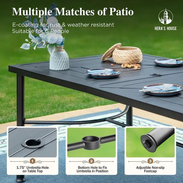 Alt view image 6 of 7 - HERA'S HOUSE Patio Table for 6, 64" Metal Dining Table w/Umbrella Hole | Rectangle metal wrought iron table. Patterned top design, weather resistant. Perfect for outdoor deck, porch, backyard.