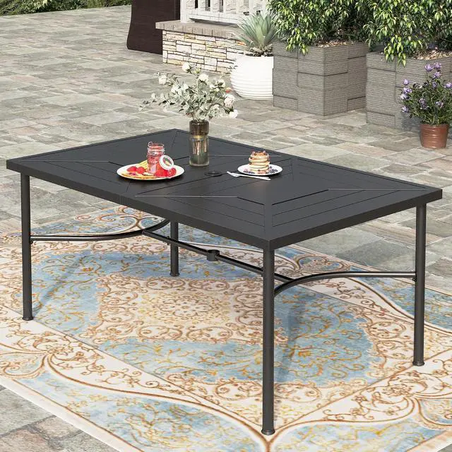 Alt view image 7 of 7 - HERA'S HOUSE Patio Table for 6, 64" Metal Dining Table w/Umbrella Hole | Rectangle metal wrought iron table. Patterned top design, weather resistant. Perfect for outdoor deck, porch, backyard.