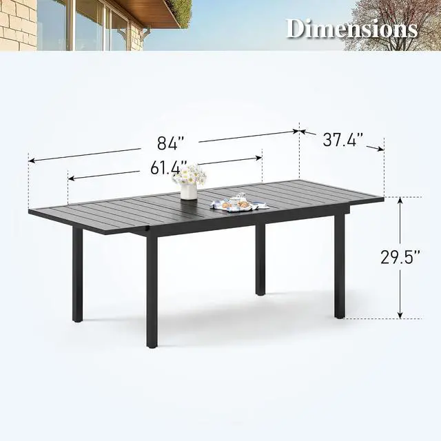 Alt view image 3 of 6 - HERA'S HOUSE Outdoor Expandable Table for 6-8, Large Metal Dining Table | 84" black wrought iron extendable table. All weather furniture for patio, porch, backyard