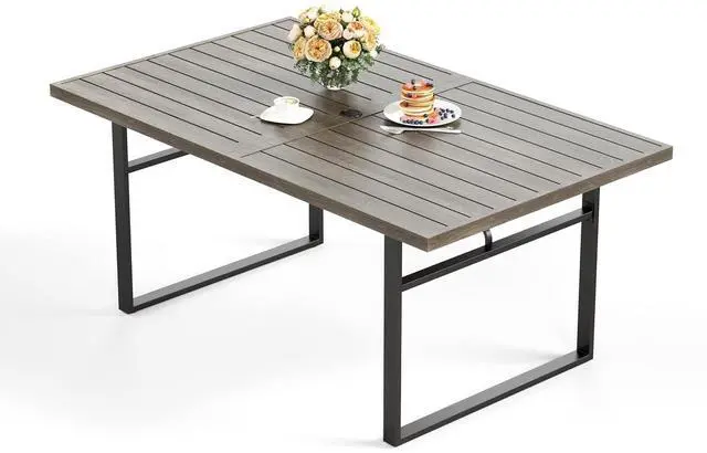 Main image of HERA'S HOUSE Patio Table for 6, Brown Metal Dining Table w/Umbrella Hole | 64" rectangle wrought iron table. Slatted top design, weather resistant. Perfect for outdoor deck, porch, backyard.