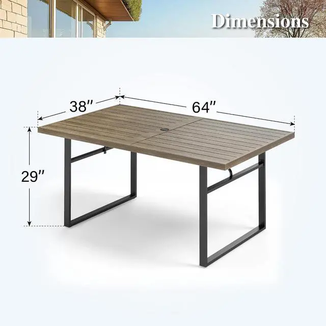 Alt view image 3 of 6 - HERA'S HOUSE Patio Table for 6, Brown Metal Dining Table w/Umbrella Hole | 64" rectangle wrought iron table. Slatted top design, weather resistant. Perfect for outdoor deck, porch, backyard.
