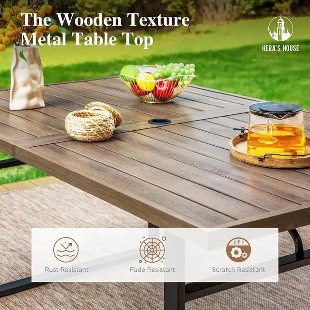 Alt view image 4 of 6 - HERA'S HOUSE Patio Table for 6, Brown Metal Dining Table w/Umbrella Hole | 64" rectangle wrought iron table. Slatted top design, weather resistant. Perfect for outdoor deck, porch, backyard.