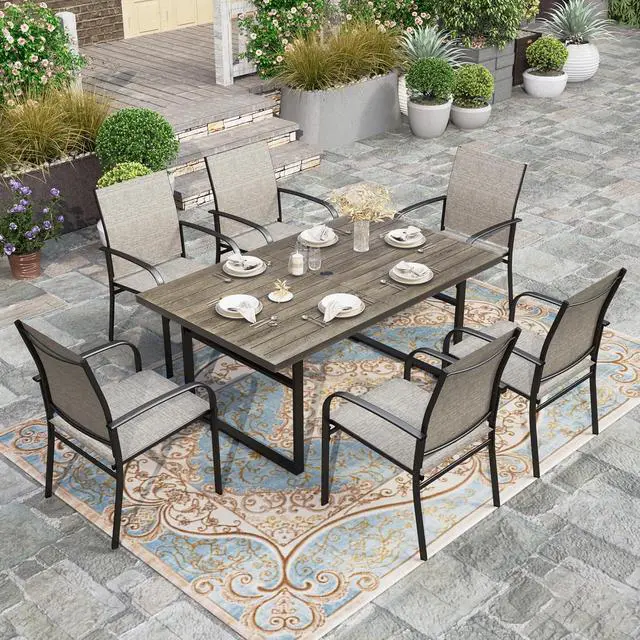 Alt view image 2 of 6 - HERA'S HOUSE Patio Table for 6, Brown Metal Dining Table w/Umbrella Hole | 64" rectangle wrought iron table. Slatted top design, weather resistant. Perfect for outdoor deck, porch, backyard.