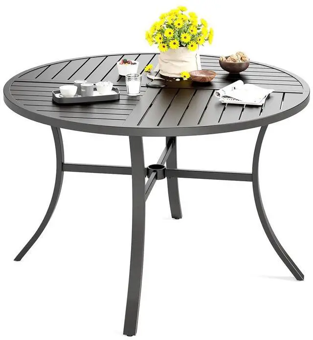 Main image of HERA'S HOUSE Patio Round Table w/Umbrella Hole, Metal Table for 4, Black | 42" wrought iron dining table. Slatted top design, weather resistant. Perfect for outdoor deck, porch, backyard.
