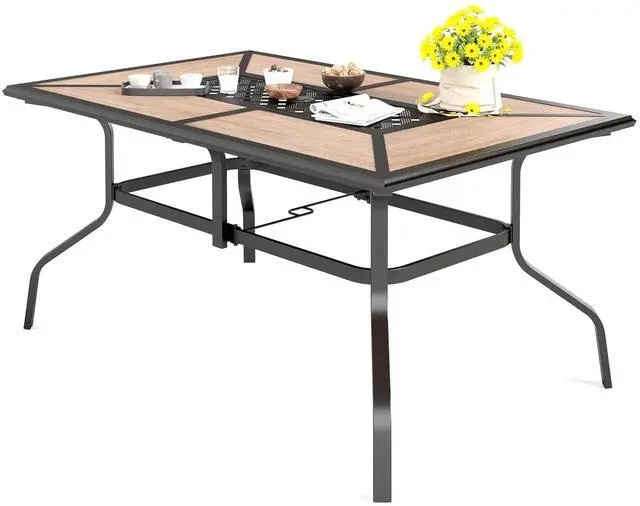 Main image of HERA'S HOUSE Outdoor Dining Table for 6, Long Metal Table w/Umbrella Hole | 61" rectangle wrought iron table w/ polywood top, weather resistant. Perfect for patio, deck, porch, backyard