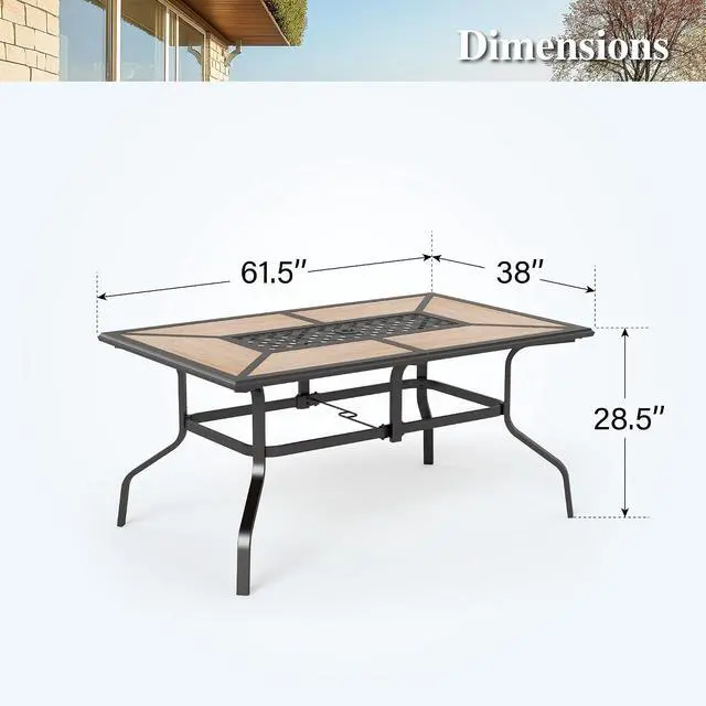 Alt view image 3 of 7 - HERA'S HOUSE Outdoor Dining Table for 6, Long Metal Table w/Umbrella Hole | 61" rectangle wrought iron table w/ polywood top, weather resistant. Perfect for patio, deck, porch, backyard