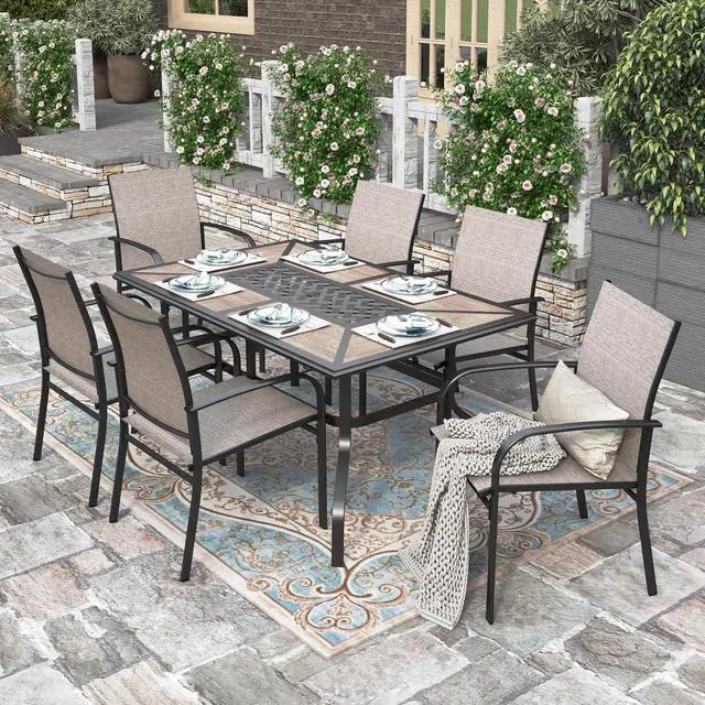 Alt view image 2 of 7 - HERA'S HOUSE Outdoor Dining Table for 6, Long Metal Table w/Umbrella Hole | 61" rectangle wrought iron table w/ polywood top, weather resistant. Perfect for patio, deck, porch, backyard