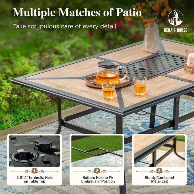 Alt view image 4 of 7 - HERA'S HOUSE 7pc Patio Dining Set, Metal Table with PVC Top, Brown Chairs | 60" rectangular table with umbrella hole, 6 textilene chairs. Waterproof, rust-resistant, all-weather for yard, porch