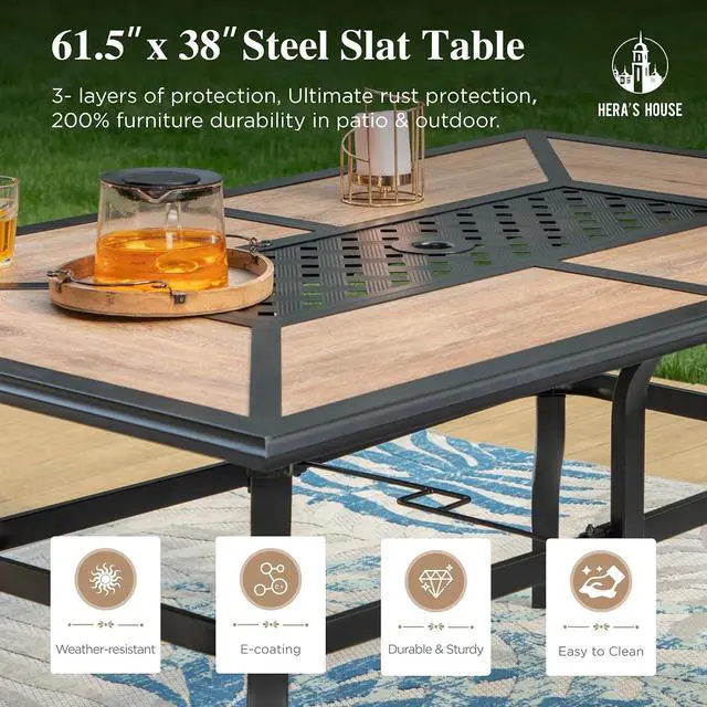 Alt view image 7 of 7 - HERA'S HOUSE 7pc Patio Dining Set, Metal Table with PVC Top, Brown Chairs | 60" rectangular table with umbrella hole, 6 textilene chairs. Waterproof, rust-resistant, all-weather for yard, porch