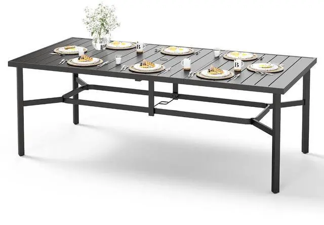 Main image of HERA'S HOUSE Outdoor Dining Table for 8, Black Metal Table w/Umbrella Hole | 83" rectangle wrought iron table. Slatted top design, weather resistant. Perfect for patio, deck, porch, backyard.