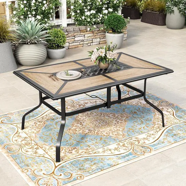 Alt view image 7 of 7 - HERA'S HOUSE Outdoor Dining Table for 6, Long Metal Table w/Umbrella Hole | 61" rectangle wrought iron table w/ polywood top, weather resistant. Perfect for patio, deck, porch, backyard