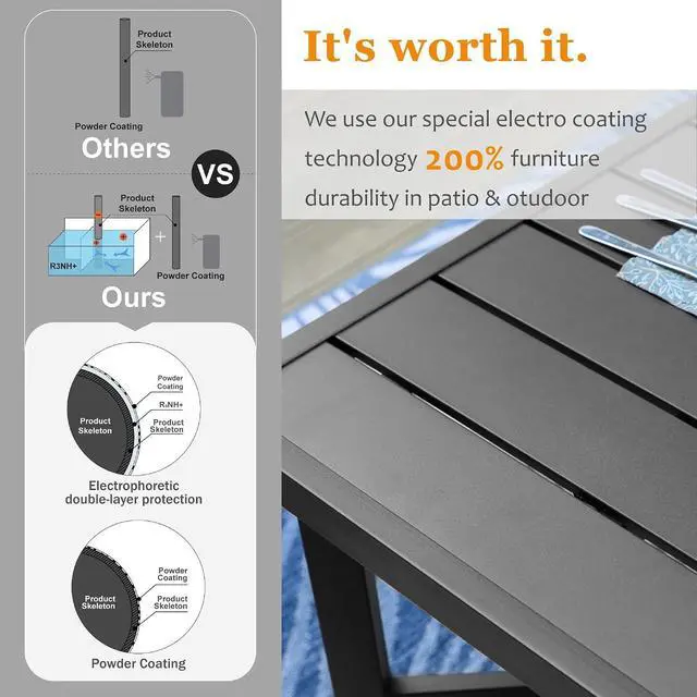 Alt view image 5 of 7 - HERA'S HOUSE Outdoor Dining Table for 8, Black Metal Table w/Umbrella Hole | 83" rectangle wrought iron table. Slatted top design, weather resistant. Perfect for patio, deck, porch, backyard.