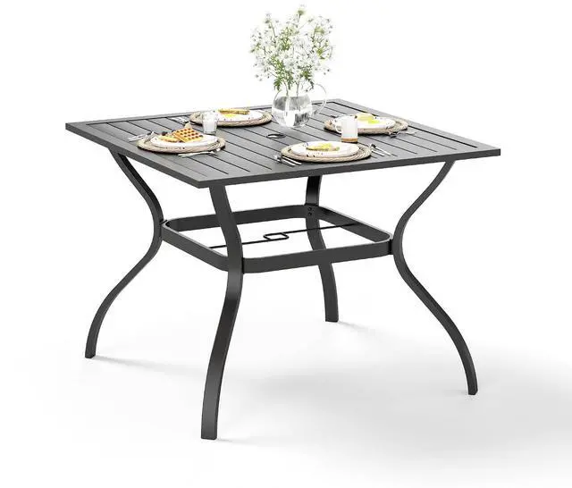 Main image of HERA'S HOUSE Patio Table w/Umbrella Hole, Black Metal Dining Table for 4 | 37" wrought iron table, weather resistant. Slatted table top design. Perfect for patio, deck, porch, backyard.