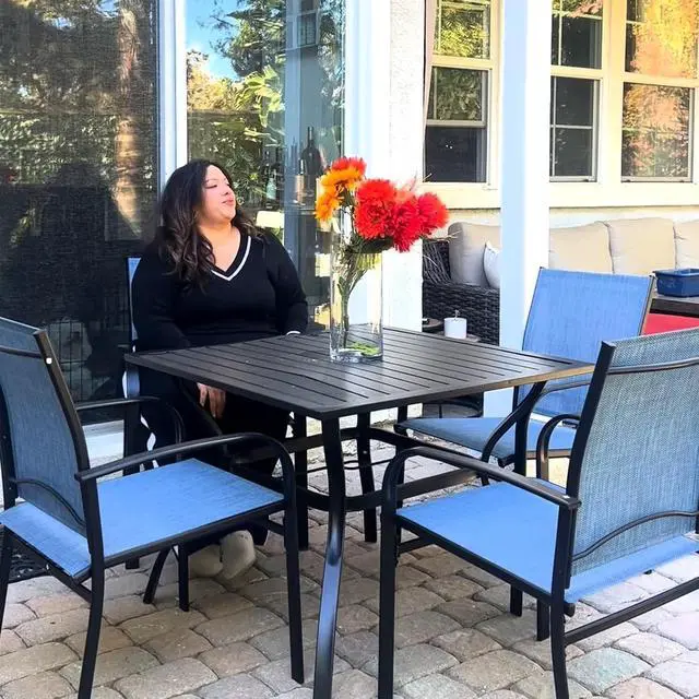 Alt view image 2 of 7 - HERA'S HOUSE Patio Table w/Umbrella Hole, Black Metal Dining Table for 4 | 37" wrought iron table, weather resistant. Slatted table top design. Perfect for patio, deck, porch, backyard.