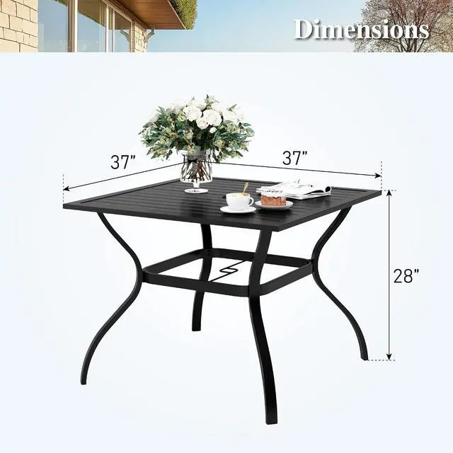 Alt view image 3 of 7 - HERA'S HOUSE Patio Table w/Umbrella Hole, Black Metal Dining Table for 4 | 37" wrought iron table, weather resistant. Slatted table top design. Perfect for patio, deck, porch, backyard.