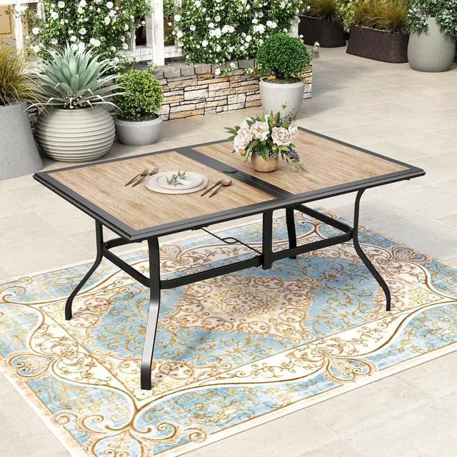 Main image of HERA'S HOUSE Outdoor Dining Table for 6, Metal Table w/Umbrella Hole | 60" long rectangle wrought iron table w/ polywood top, weather resistant. Perfect for patio, deck, porch, backyard.