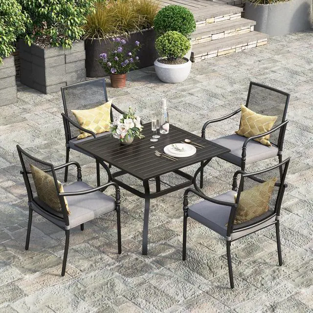 Alt view image 7 of 7 - HERA'S HOUSE Patio Table w/Umbrella Hole, Black Metal Dining Table for 4 | 37" wrought iron table, weather resistant. Slatted table top design. Perfect for patio, deck, porch, backyard.