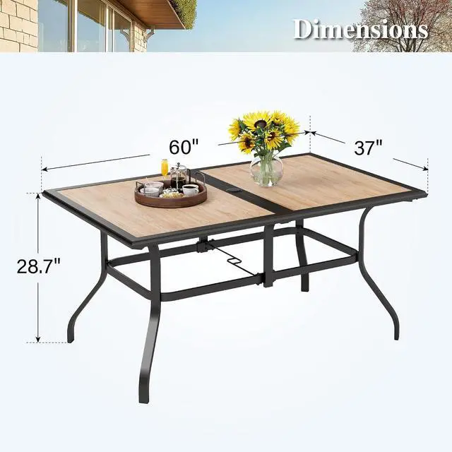 Alt view image 2 of 7 - HERA'S HOUSE Outdoor Dining Table for 6, Metal Table w/Umbrella Hole | 60" long rectangle wrought iron table w/ polywood top, weather resistant. Perfect for patio, deck, porch, backyard.