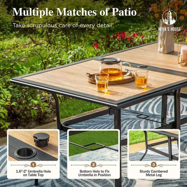 Alt view image 4 of 7 - HERA'S HOUSE 7pc Patio Dining Set, Metal Table with PVC Top, Blue Chairs | 60" rectangular table with umbrella hole, 6 textilene chairs. Waterproof, rust-resistant, all-weather for yard, porch