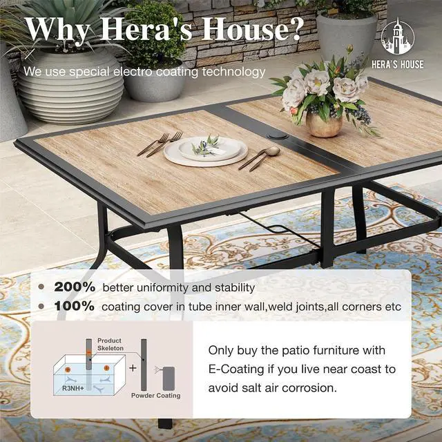 Alt view image 6 of 7 - HERA'S HOUSE 7pc Patio Dining Set, Metal Table with PVC Top, Blue Chairs | 60" rectangular table with umbrella hole, 6 textilene chairs. Waterproof, rust-resistant, all-weather for yard, porch