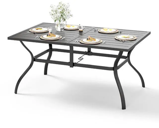 Main image of HERA'S HOUSE Patio Table for 6, Black Metal Dining Table w/Umbrella Hole | 60" rectangle wrought iron table. Slatted top design, weather resistant. Perfect for outdoor deck, porch, backyard.