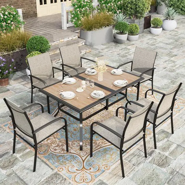 Alt view image 6 of 7 - HERA'S HOUSE Outdoor Dining Table for 6, Metal Table w/Umbrella Hole | 60" long rectangle wrought iron table w/ polywood top, weather resistant. Perfect for patio, deck, porch, backyard.
