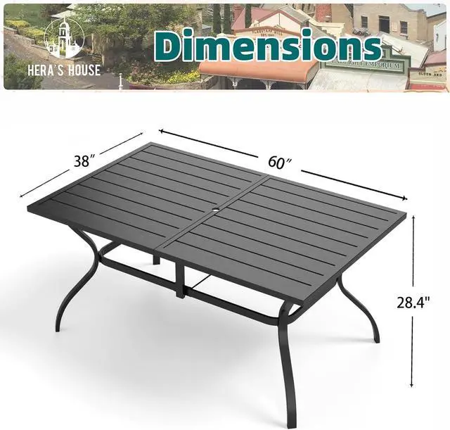 Alt view image 3 of 7 - HERA'S HOUSE Patio Table for 6, Black Metal Dining Table w/Umbrella Hole | 60" rectangle wrought iron table. Slatted top design, weather resistant. Perfect for outdoor deck, porch, backyard.