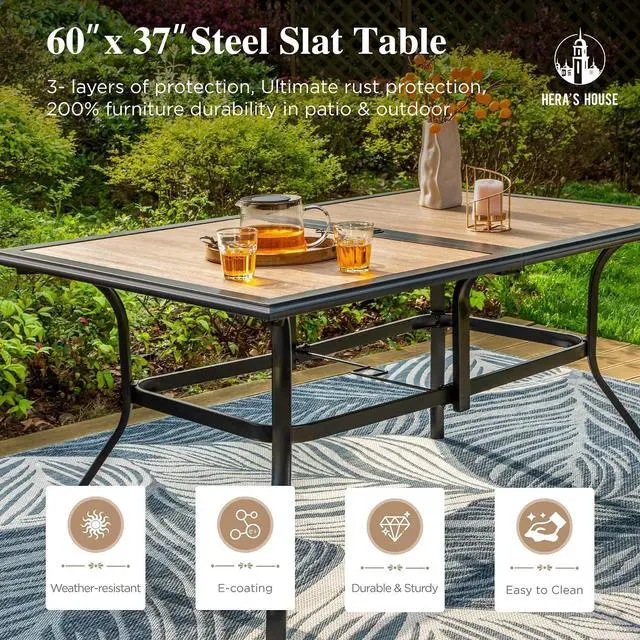Alt view image 3 of 7 - HERA'S HOUSE 7pc Patio Dining Set, Metal Table with PVC Top, Blue Chairs | 60" rectangular table with umbrella hole, 6 textilene chairs. Waterproof, rust-resistant, all-weather for yard, porch
