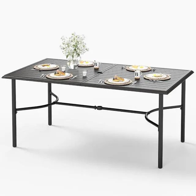 Main image of HERA'S HOUSE Patio Table for 6, 67" Metal Dining Table w/Umbrella Hole | Rectangle black wrought iron table. Slatted top design, weather resistant. Perfect for outdoor deck, porch, backyard.