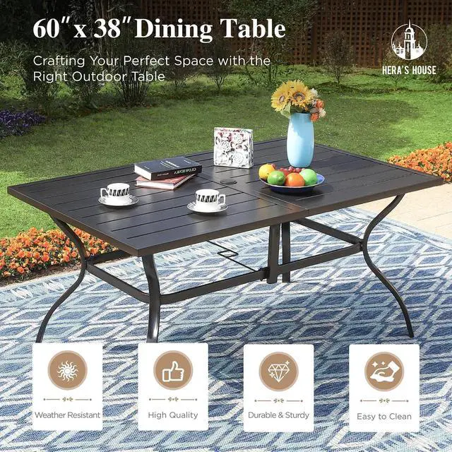 Alt view image 7 of 7 - HERA'S HOUSE Patio Table for 6, Black Metal Dining Table w/Umbrella Hole | 60" rectangle wrought iron table. Slatted top design, weather resistant. Perfect for outdoor deck, porch, backyard.