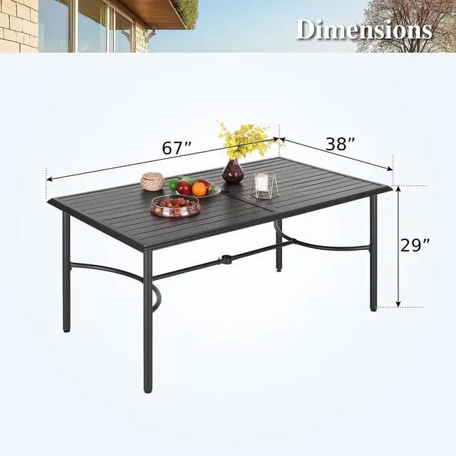 Alt view image 3 of 7 - HERA'S HOUSE Patio Table for 6, 67" Metal Dining Table w/Umbrella Hole | Rectangle black wrought iron table. Slatted top design, weather resistant. Perfect for outdoor deck, porch, backyard.
