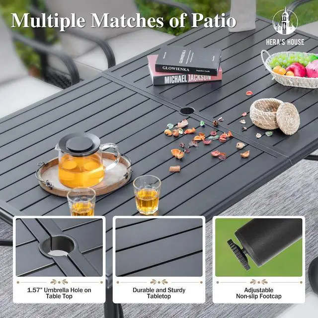 Alt view image 3 of 7 - HERA'S HOUSE 7pc Outdoor Patio Dining Set, 6 Textilene Chairs, Brown | 67" rectangular metal table with umbrella hole. Waterproof, rust-resistant, all-weather for backyard, porch