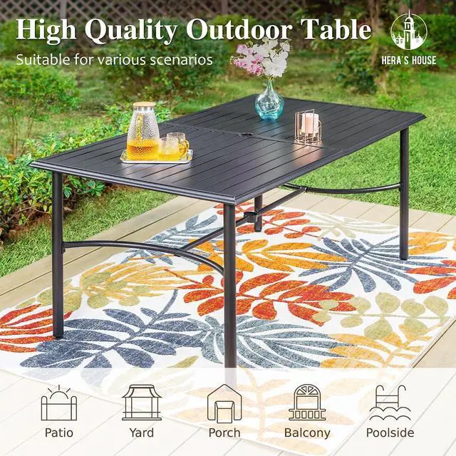Alt view image 7 of 7 - HERA'S HOUSE Patio Table for 6, 67" Metal Dining Table w/Umbrella Hole | Rectangle black wrought iron table. Slatted top design, weather resistant. Perfect for outdoor deck, porch, backyard.