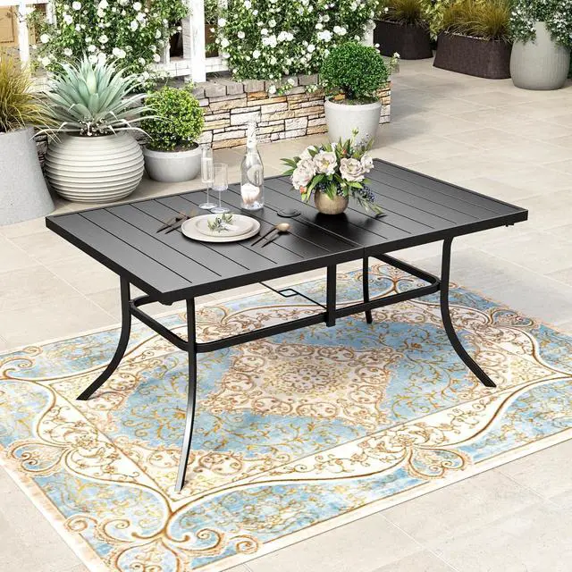 Main image of HERA'S HOUSE Patio Table for 6, 59" Metal Dining Table w/Umbrella Hole | Rectangle black wrought iron table. Slatted top design, weather resistant. Perfect for outdoor deck, porch, backyard.