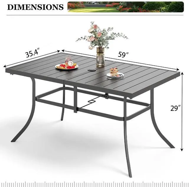 Alt view image 2 of 7 - HERA'S HOUSE Patio Table for 6, 59" Metal Dining Table w/Umbrella Hole | Rectangle black wrought iron table. Slatted top design, weather resistant. Perfect for outdoor deck, porch, backyard.