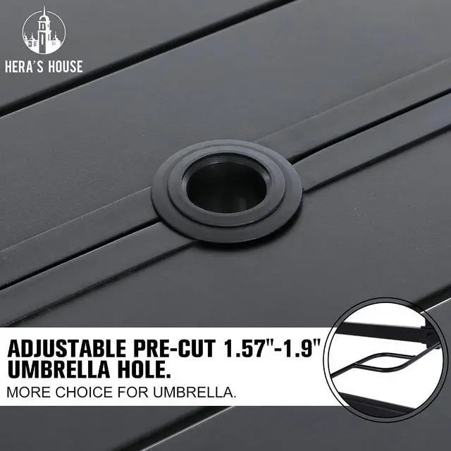 Alt view image 7 of 7 - HERA'S HOUSE Patio Table for 6, 59" Metal Dining Table w/Umbrella Hole | Rectangle black wrought iron table. Slatted top design, weather resistant. Perfect for outdoor deck, porch, backyard.