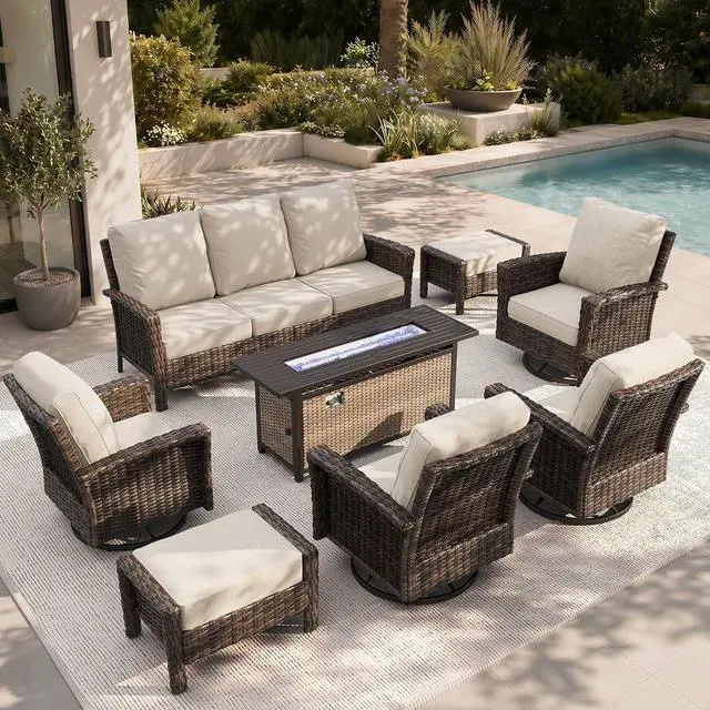 Main image of HERA'S HOUSE 8-Piece Patio Furniture Set with Fire Pit, Beige | Outdoor High Back Swivel Chairs w/5.5" Thick Cushion, All-Weather Wicker Conversation Sofa, for Deck Lawn Garden