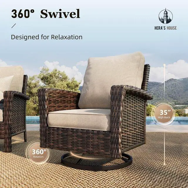Alt view image 4 of 7 - HERA'S HOUSE 6-Piece Patio Furniture Set with Fire Pit, Beige | Outdoor High Back Swivel Chairs w/5.5" Thick Cushion & Ottomans. Brown Wicker Conversation Sofa. for Deck Lawn Garden