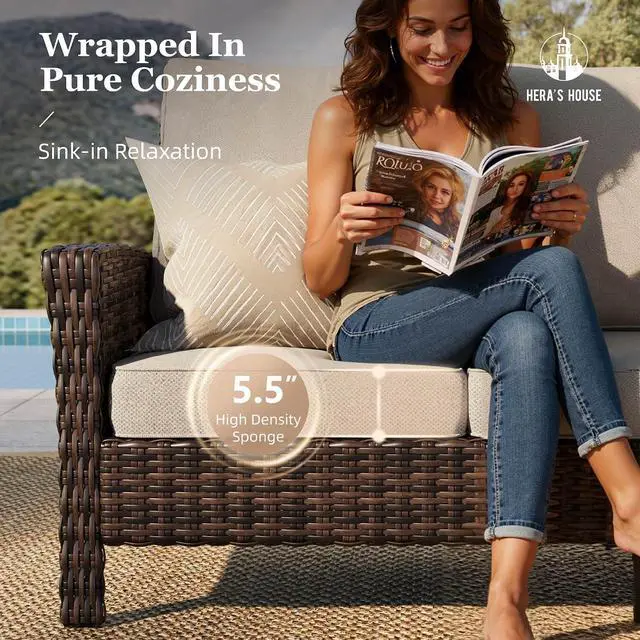 Alt view image 2 of 7 - HERA'S HOUSE 6-Piece Patio Furniture Set with Fire Pit, Beige | Outdoor High Back Swivel Chairs w/5.5" Thick Cushion & Ottomans. Brown Wicker Conversation Sofa. for Deck Lawn Garden