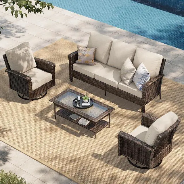 Main image of HERA'S HOUSE 4-Piece Patio Furniture Set with High Back Chairs, Beige | Outdoor Wicker Conversation Sofa w/5.5" Thick Cushion. 2x Swivel Chairs +Couch +Coffee Table. for Deck Lawn Garden